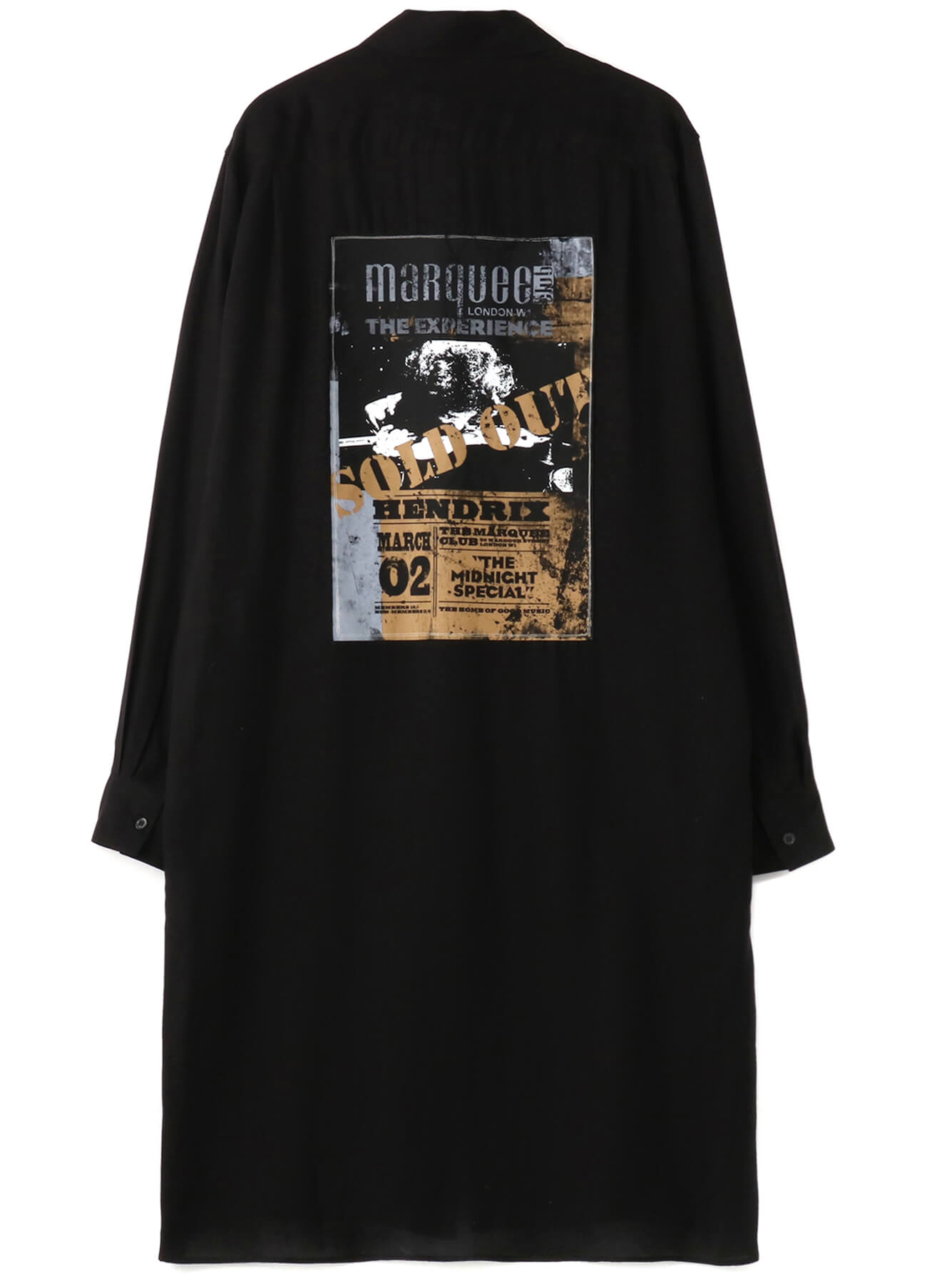 マーキー・クラブ®にJIMI HENDRIXが出演した時代のライブ・フォト、ライブ・フライヤーにS’YTEオリジナルのペイントを施したロングシャツ　23,500円
