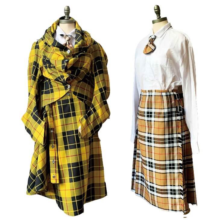 （写真左）STREET LONDONのジャケット・スカート（ポリエステル65%・レーヨン35%、フリーサイズ）各37,400円 / （写真右）STREET LONDONのキルトスカート（表地 : ポリエステル65%・レーヨン35%、ベルト部分 : 牛革、フリーサイズ）37,400円