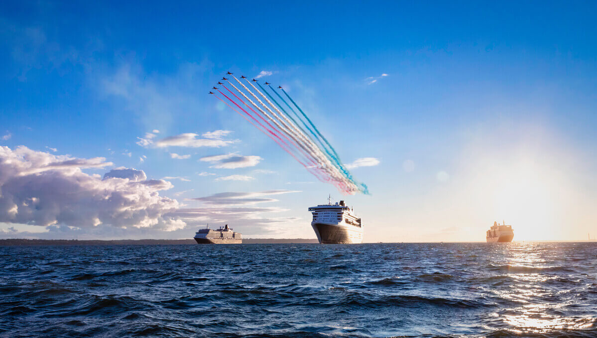 The Red Arrows perform over Cunard's three queens, Queen Elizabeth, Queen Mary 2 and Queen Victoria 