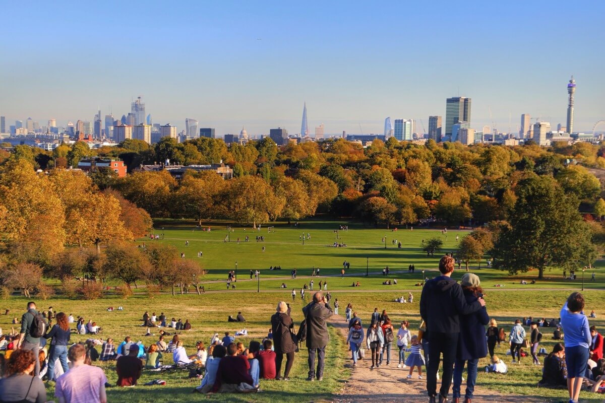 Sunny autumn view over Primrose Hill and London skyline in the background
