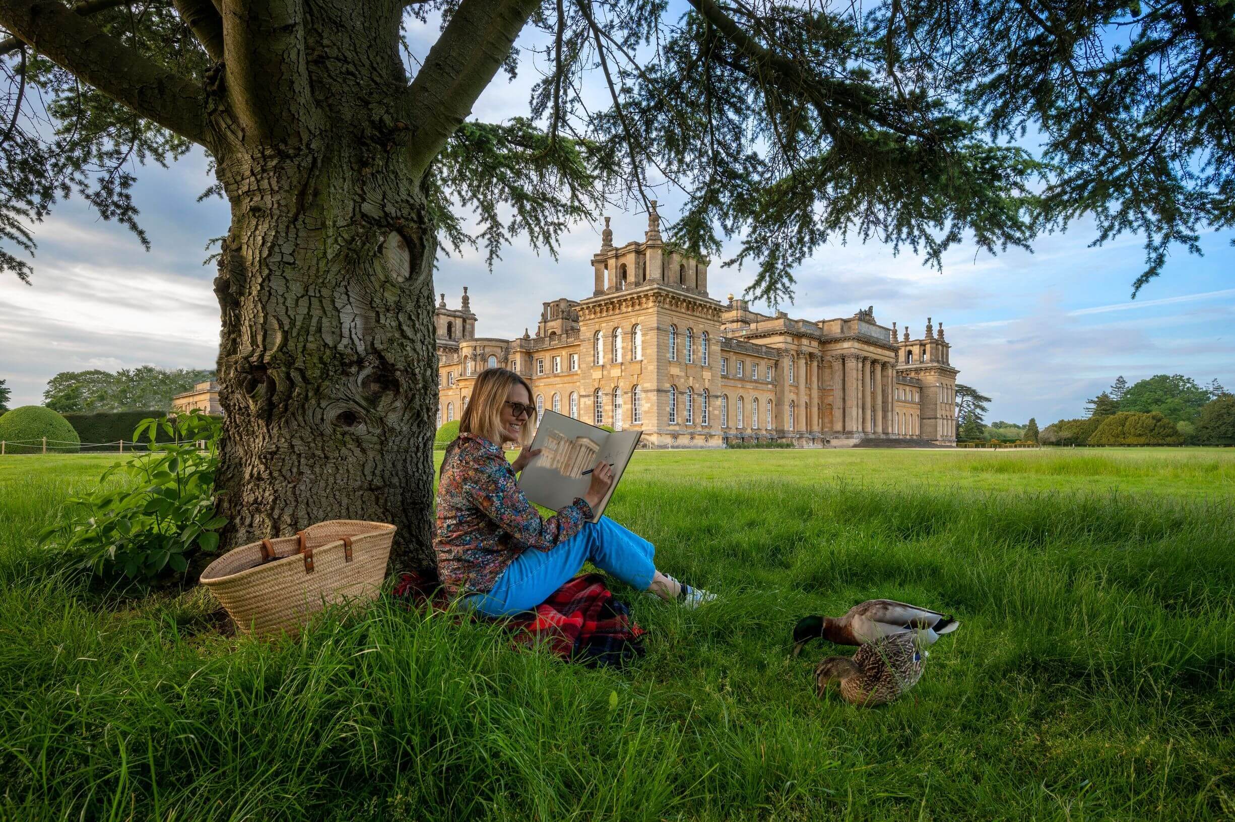 A woman sat under a tree sketching Blenheim Palace in the background with ducks at her feet eating grass