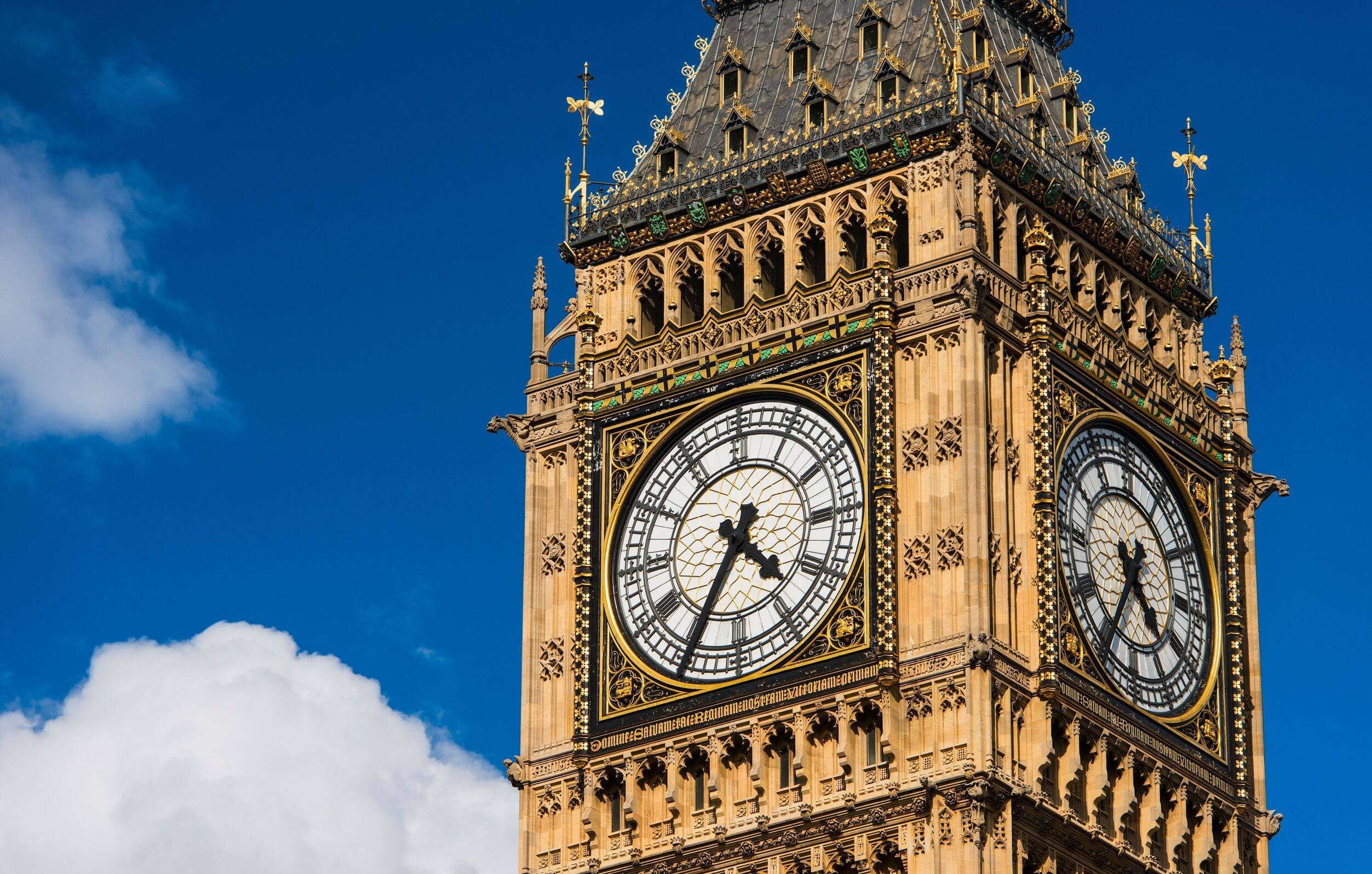 Close up view of Big Ben in London on a bright sunny day.