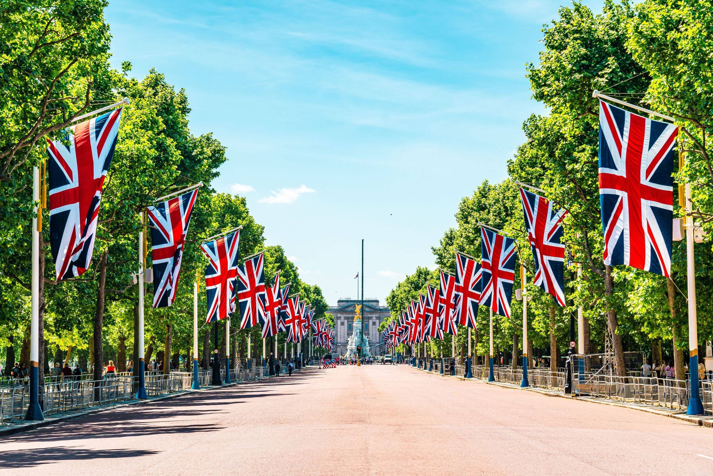 View to Buckingham Palace from the Mall showing Union Jack flags