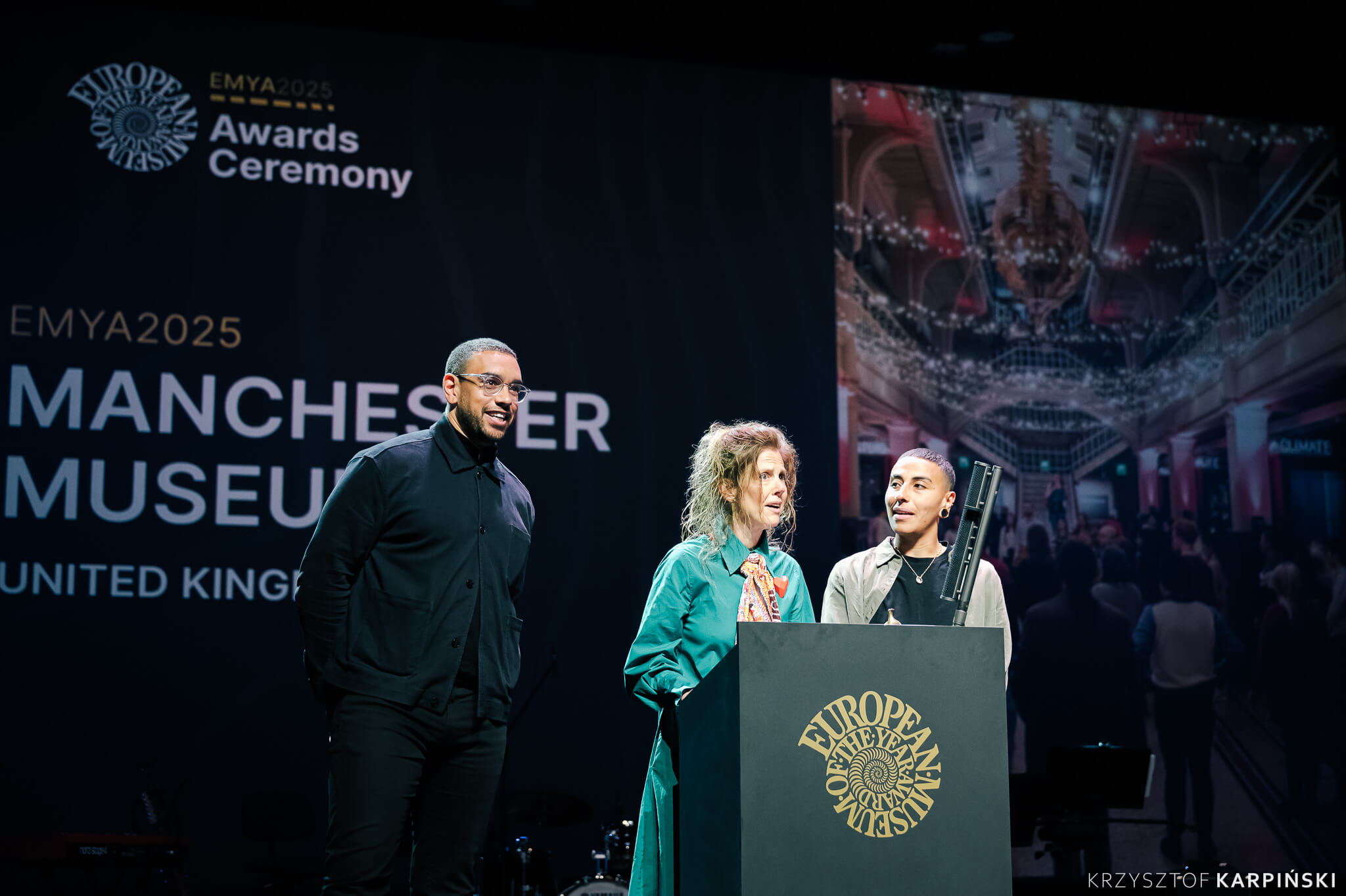 Manchester Museum Director Esme Ward gives an acceptance speech after winning EMYA2025