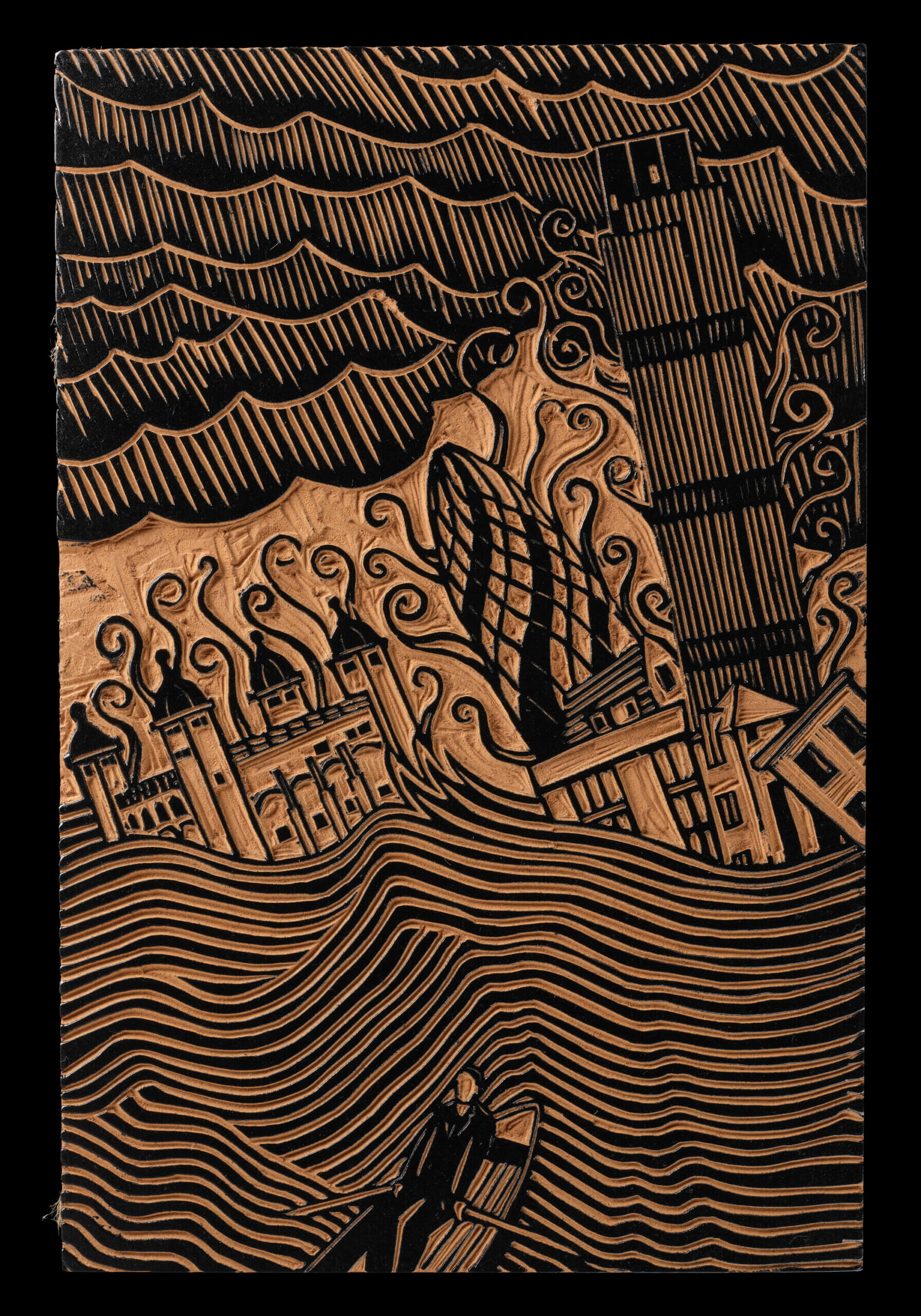 Stanley Donwood (b. 1968) London Views (6 of 14), 2005-6 Lino cut print block, 30 x 20 x 0.4 cm Collection of the artist. © Stanley Donwood