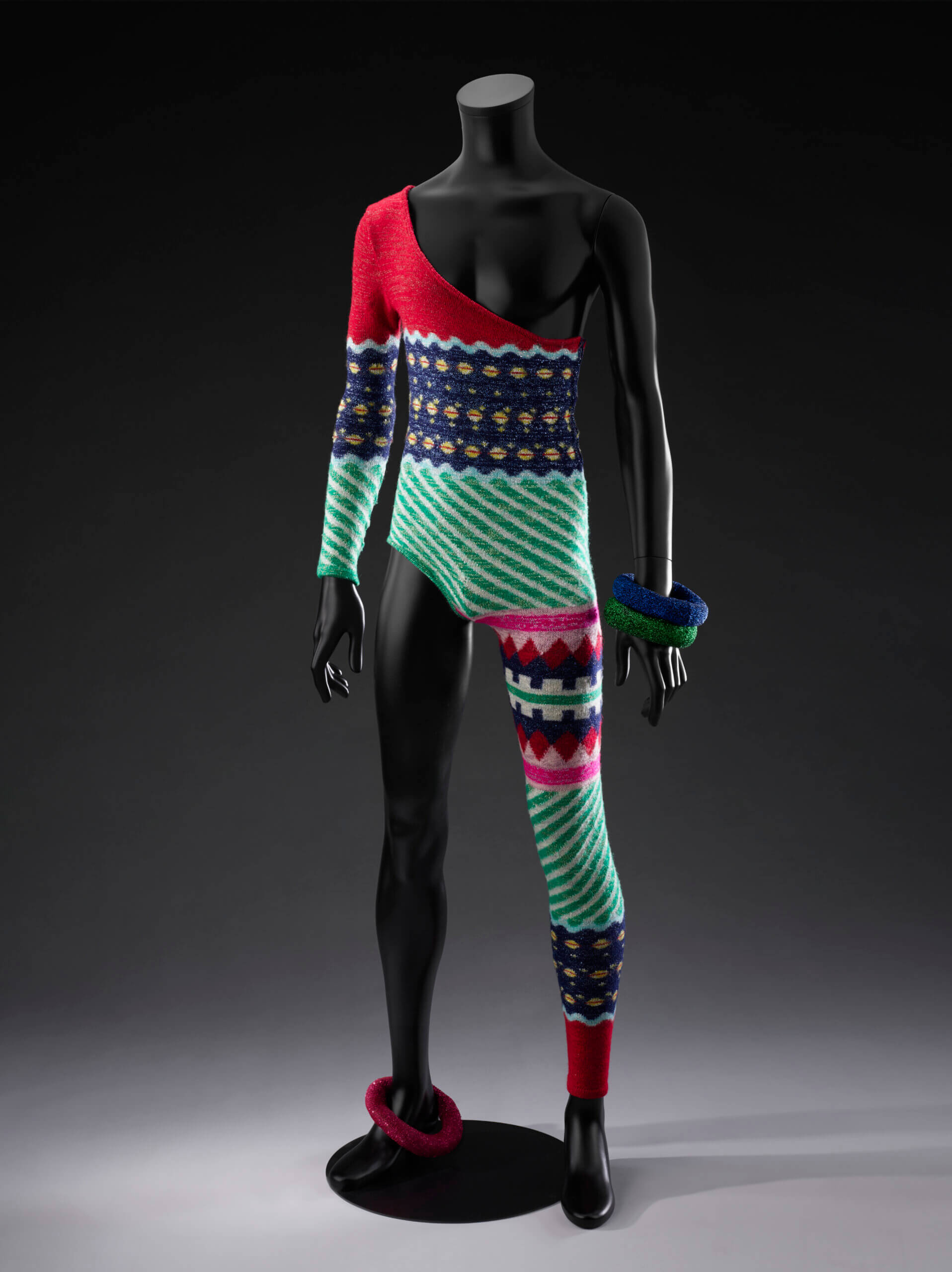 Asymmetric catsuit David Bowie wore as Ziggy Stardust. Designed by Kansai Yamamoto, 1973. Image courtesy of the Victoria and Albert Museum