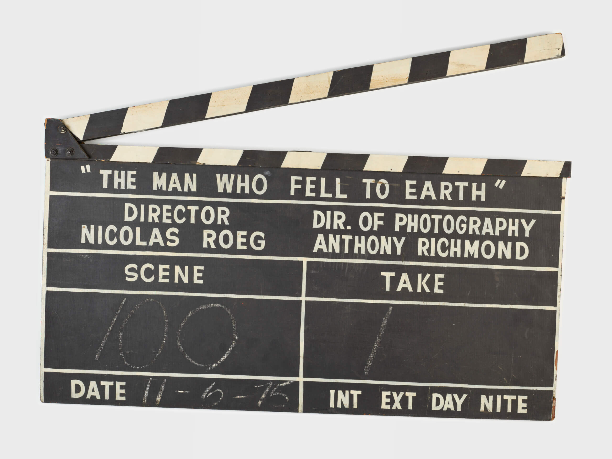 Clapperboard used for the 1976 film The Man Who Fell To Earth. Image courtesy of the V&A.