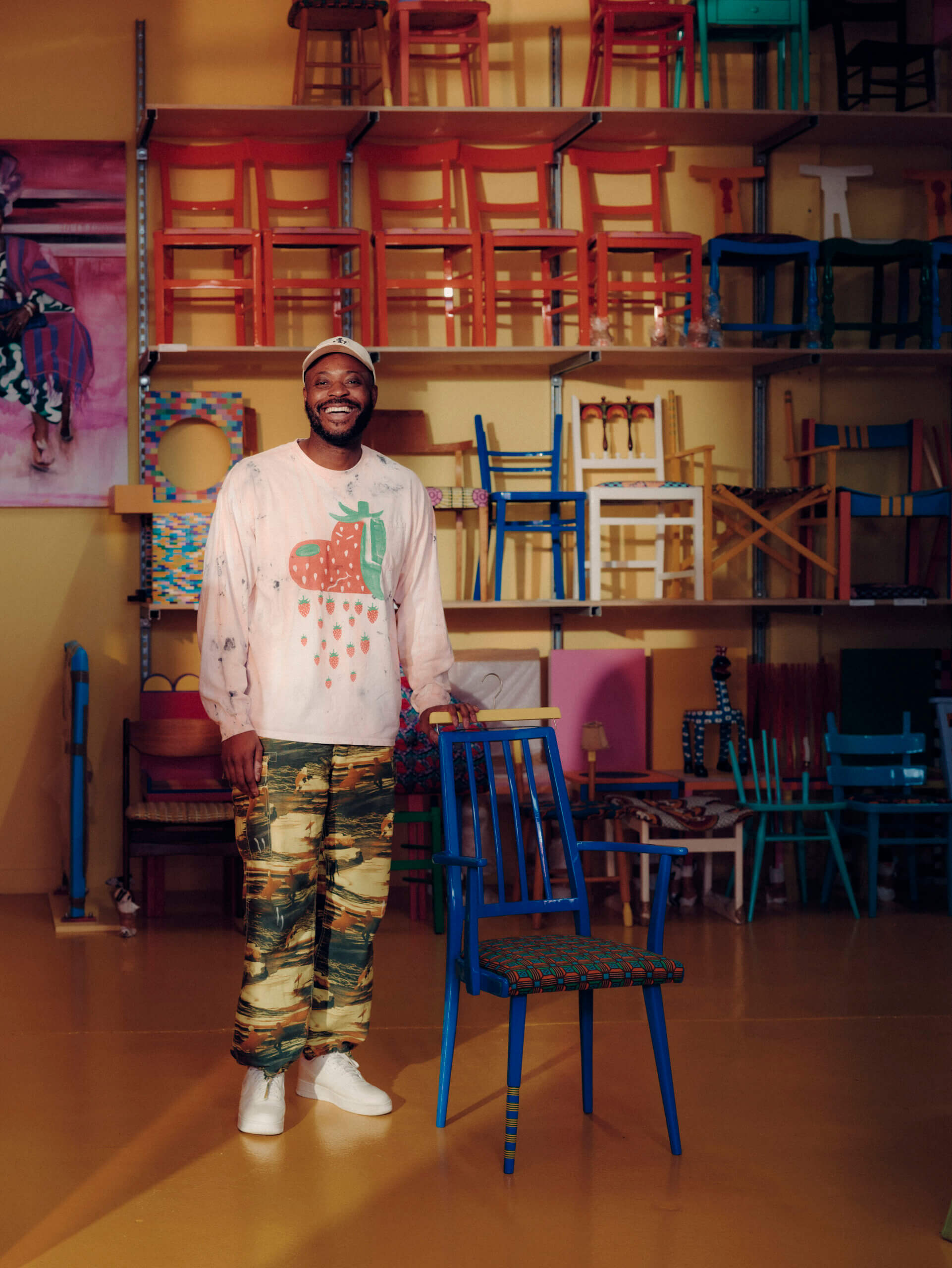 Yinka Ilori and 'Captain Hook' Armchair in his London Studio (c) Lewis Khan