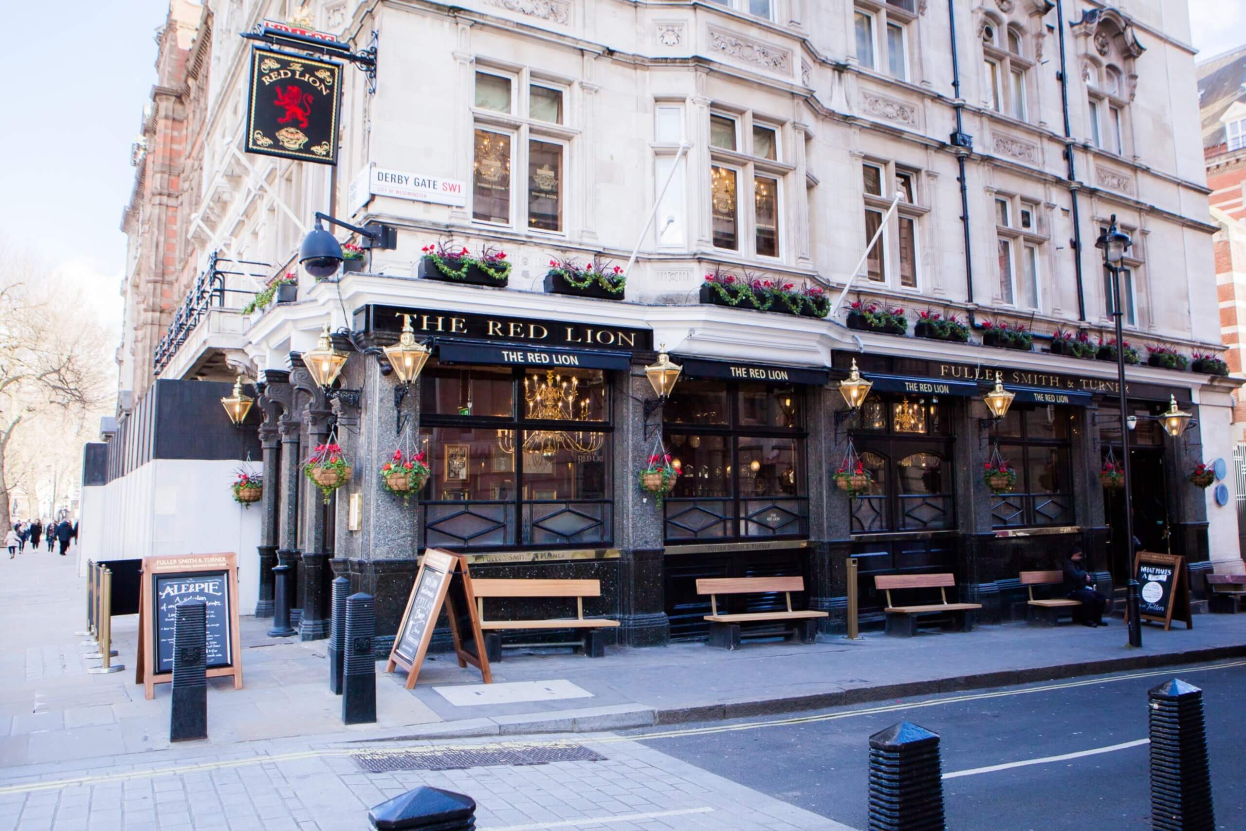 Outside view of the iconic Red Lion Pub, in Westminster, London.