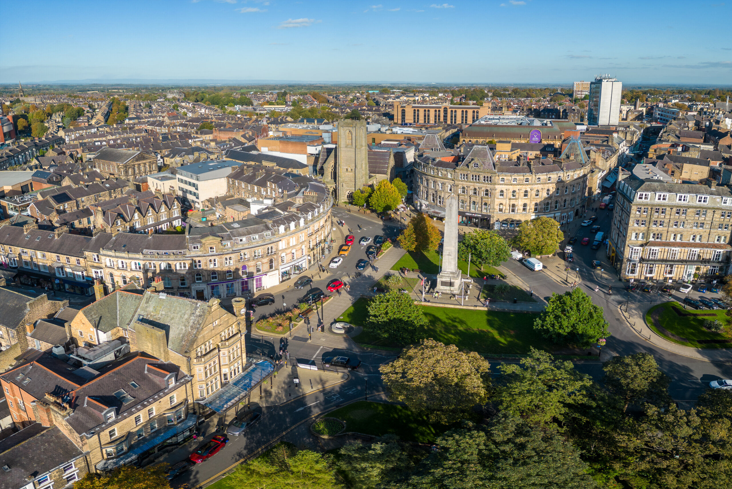 View of the city centre of Harrogate in North Yorkshire, England UK as seen from the air. Taken with a class 0 drone.