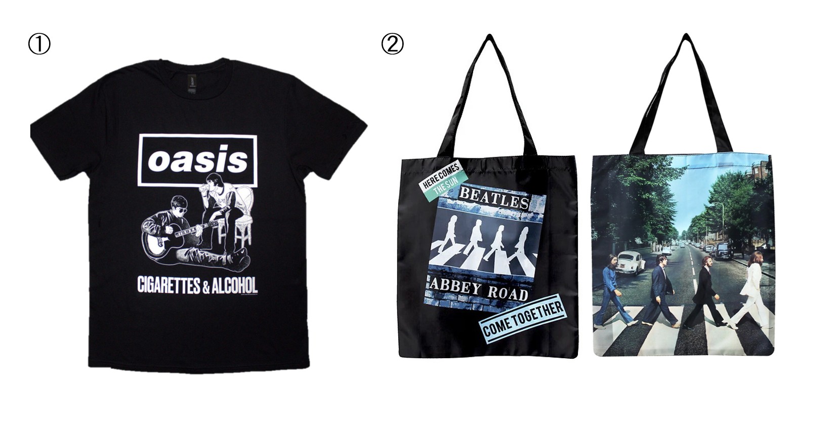 【ショージ】①＜oasis＞Tシャツ(S～XLサイズ) 5,500円 ※50着限り ②＜The Beatles＞エコバッグ ※エコバッグケース付 2,970円