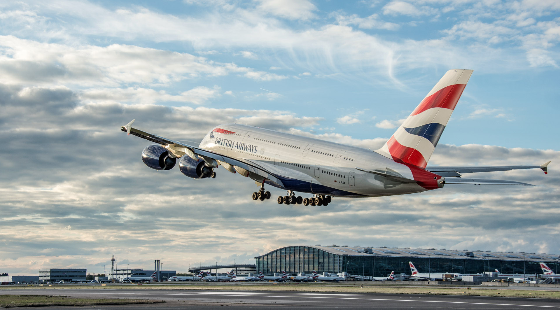 Heathrow Airport, British Airways Airbus A380 at take off, October 2013.
