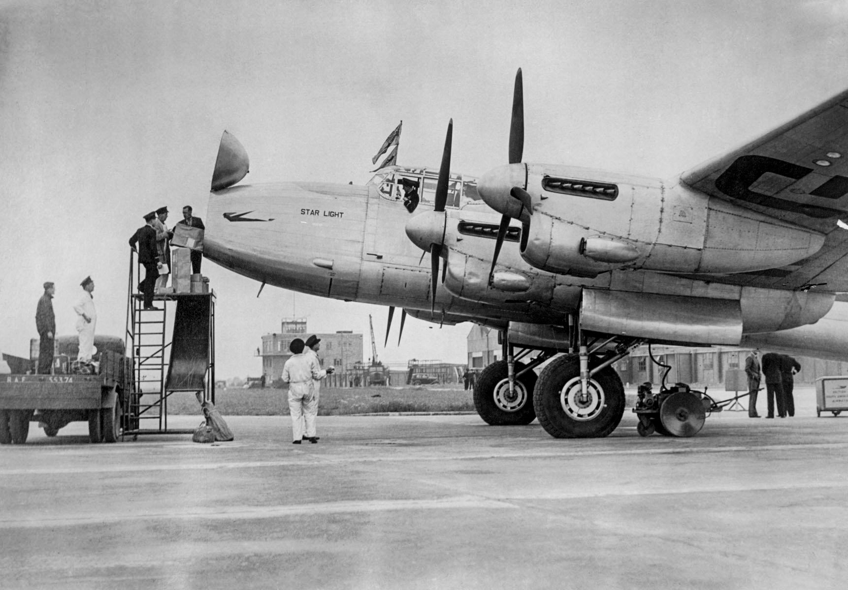Starlight, the first aircraft to fly from London Airport - later named Heathrow - on, 1/1/1946 // These 25 pictures showcase some of Heathrow's most iconic moments as it celebrates its 80th birthday. Officially opened as ‘London Airport’ in 1946 following two years of construction, its first flight in the newly post-war era was a converted Lancaster bomber called Starlight that flew to Buenos Aires. In its first year, 63,000 passengers had taken to the skies, compared to the 67 million who now jet off annually. The busiest airport in Europe, renamed Heathrow in September 1966, has seen many iconic moments in its 80 years of operation, from The Beatles’ return home from a US tour to England Rugby bringing home the World Cup.This photo licensed for one time use only in connection with SWNS story on the 80th anniversary of Heathrow Airport, no re-use, no archive.