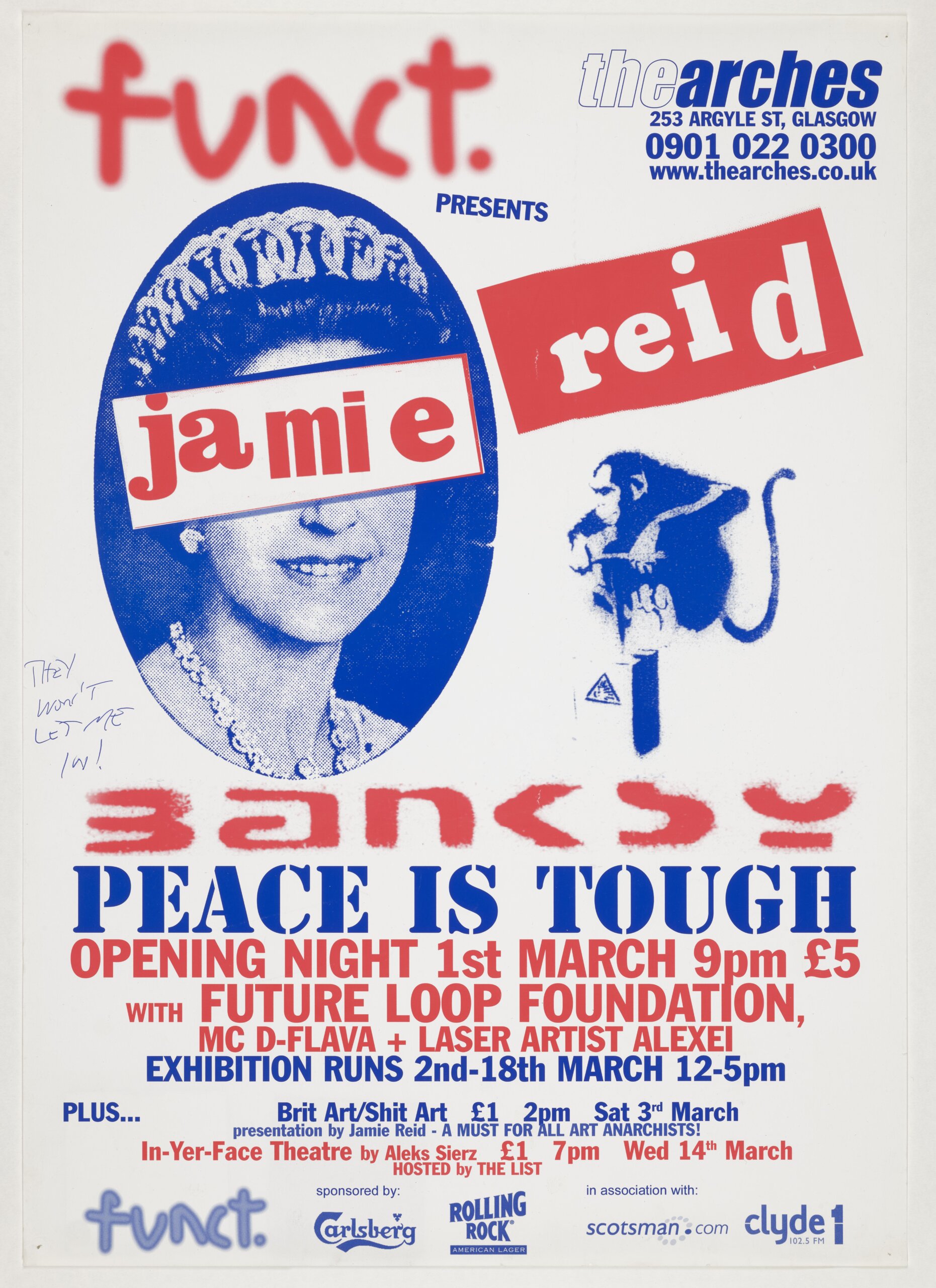 Poster for Jamie Reid Banksy exhibition at the Arches, Glasgow. Designed by Niall Walker, 2001