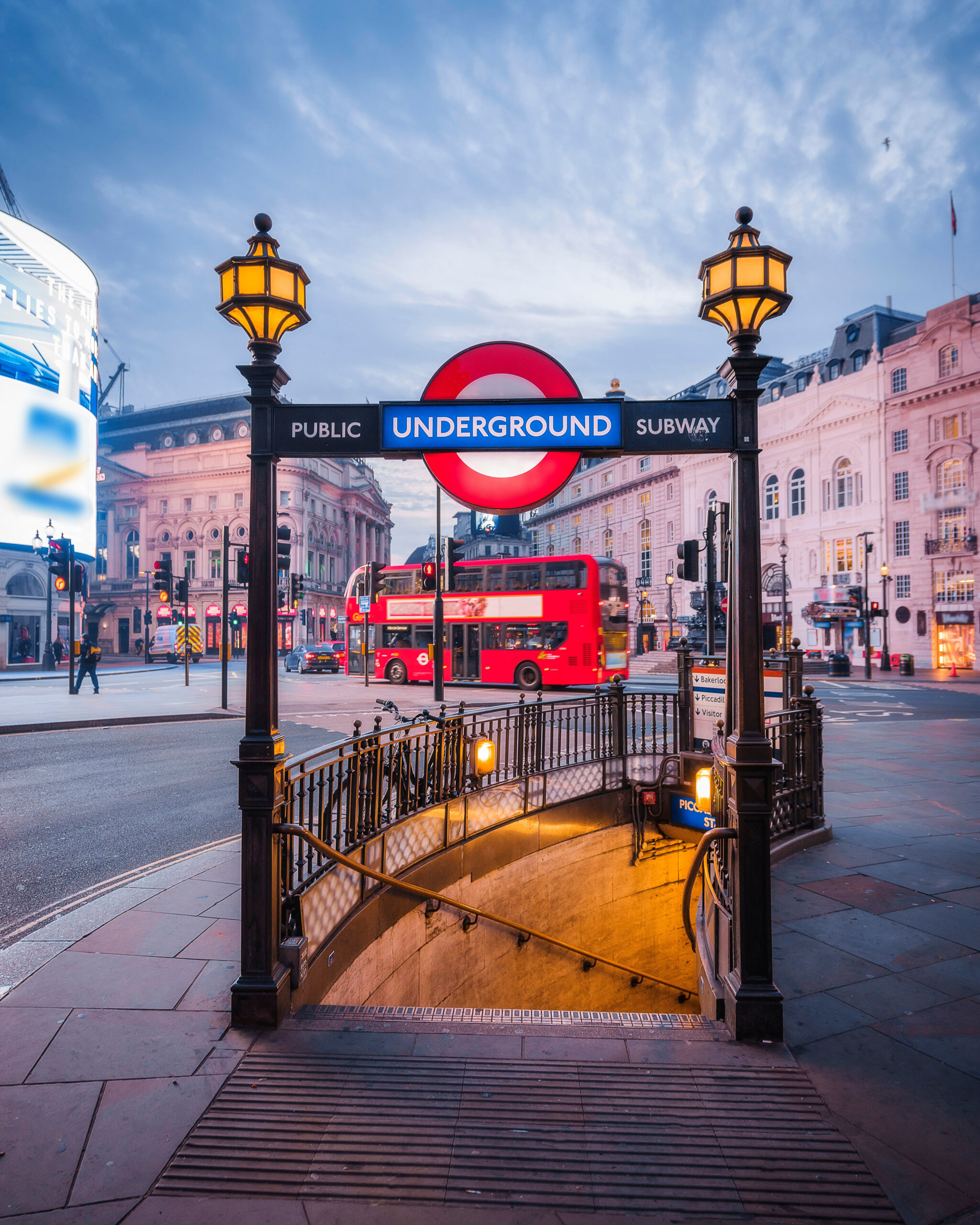 Stairs leading down to Piccadilly Circus tube station in central London, England.