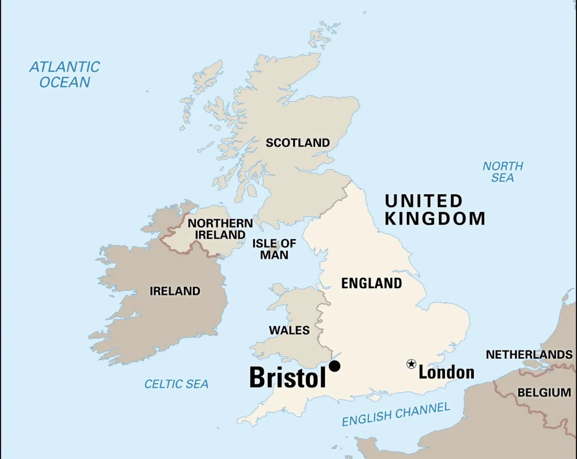 ブリストルの位置を示した英国全土の地図