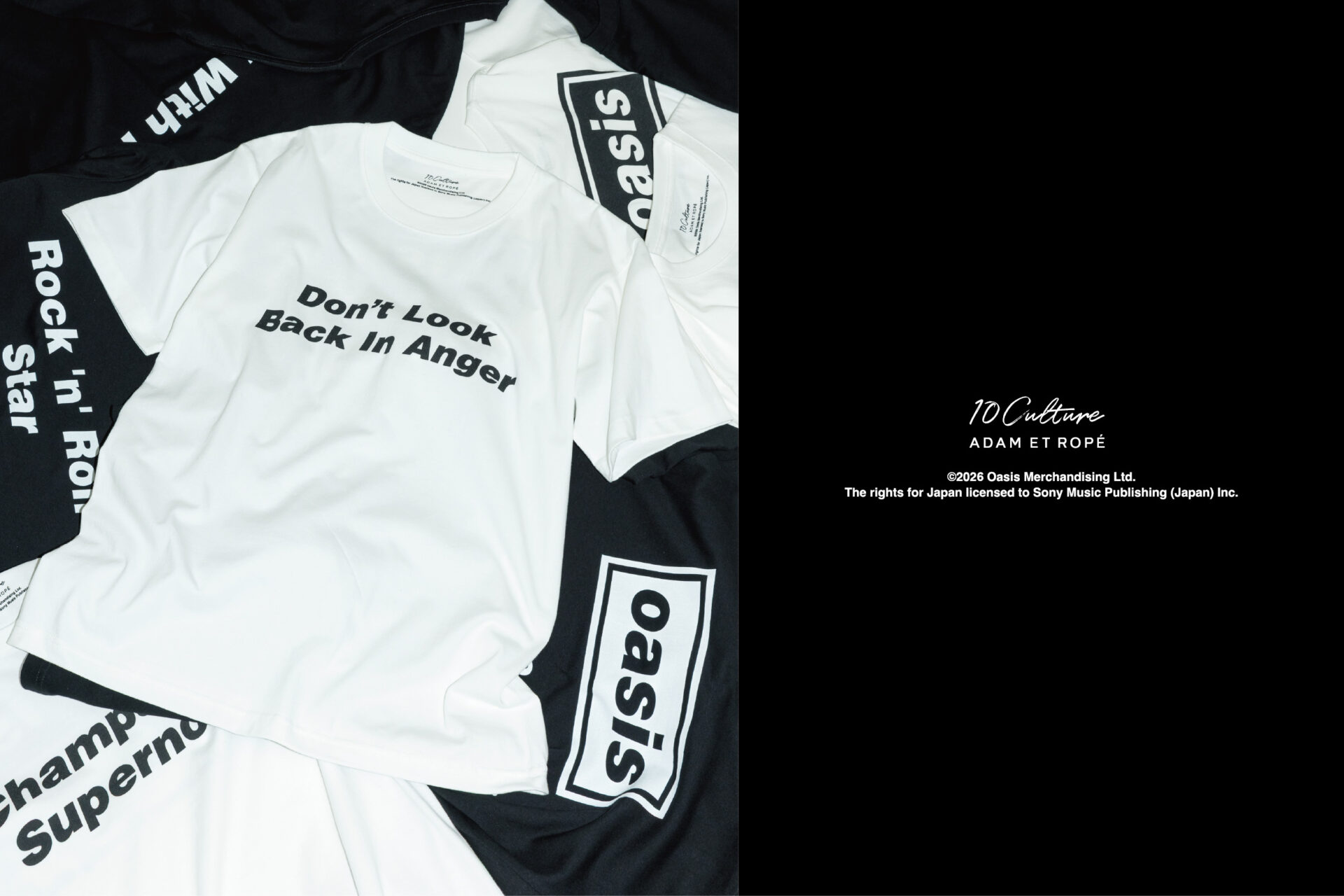 Don't Look Back In Angerなどの曲名がプリントされたオアシスのTシャツ