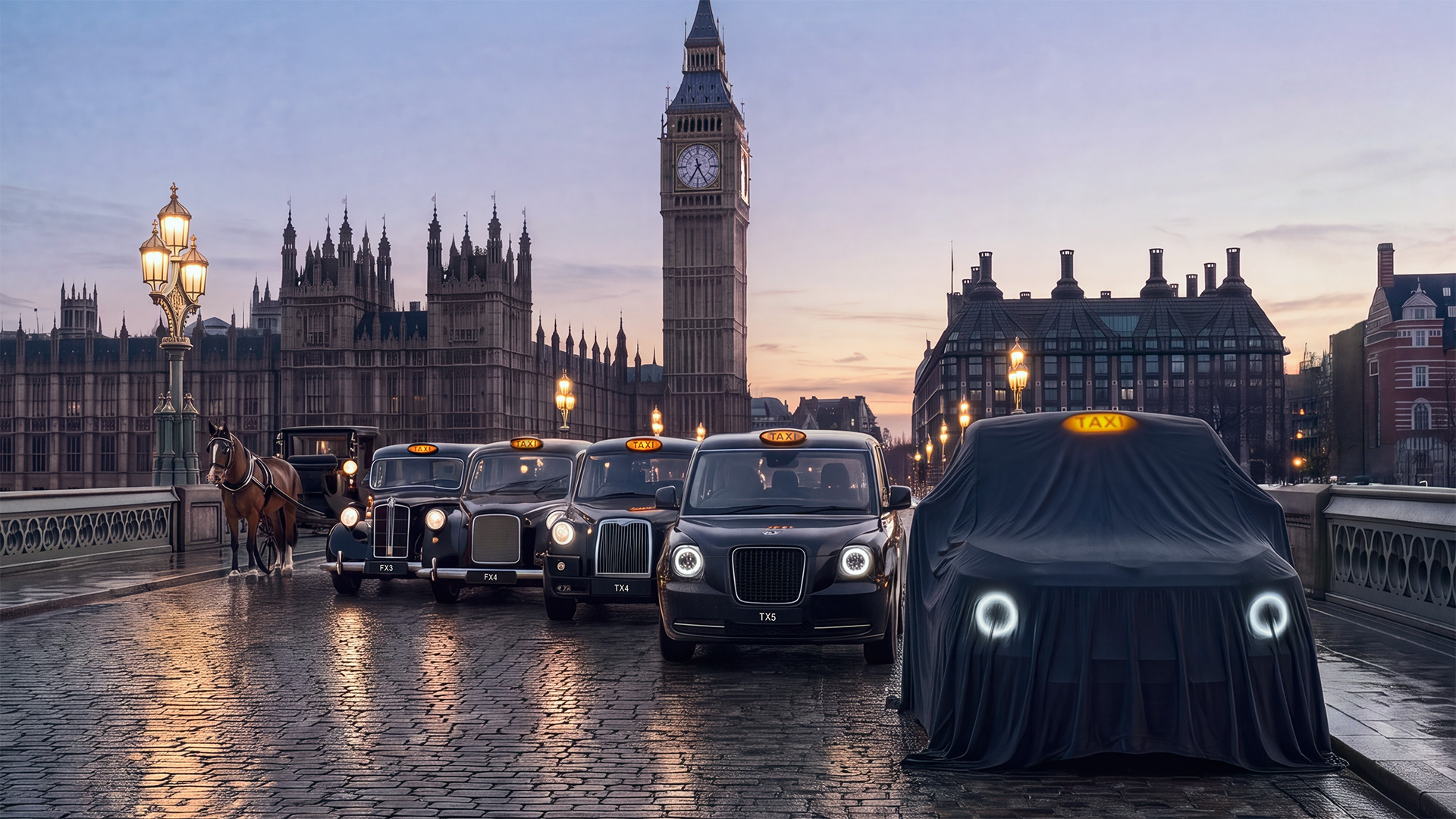 歴代のロンドンタクシーとベールに包まれた次世代車両が並ぶビッグベン前の光景