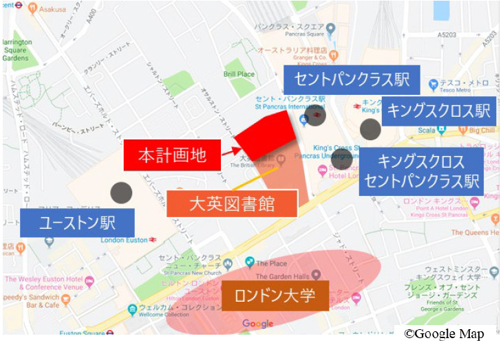 大英図書館と計画地の位置を示す周辺マップ