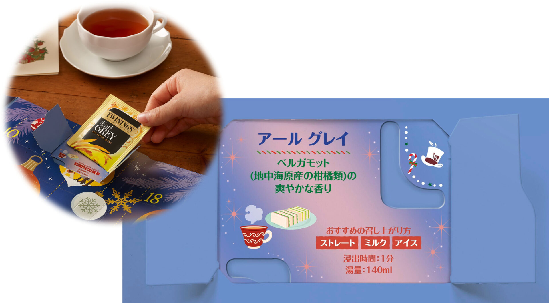 カレンダーの扉を開くと現れるブレンド説明とおいしいいれ方の記載
